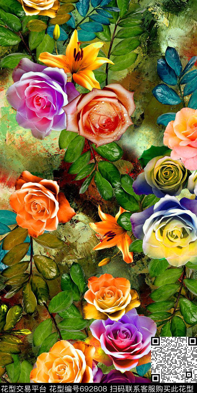 大花花朵花卉数码印花华亿平台下载（图片编号: 692808） - 瓦栏（Walan）