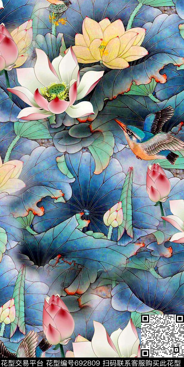 荷花花朵花卉数码印花华亿平台下载（图片编号: 692809） - 瓦栏（Walan）