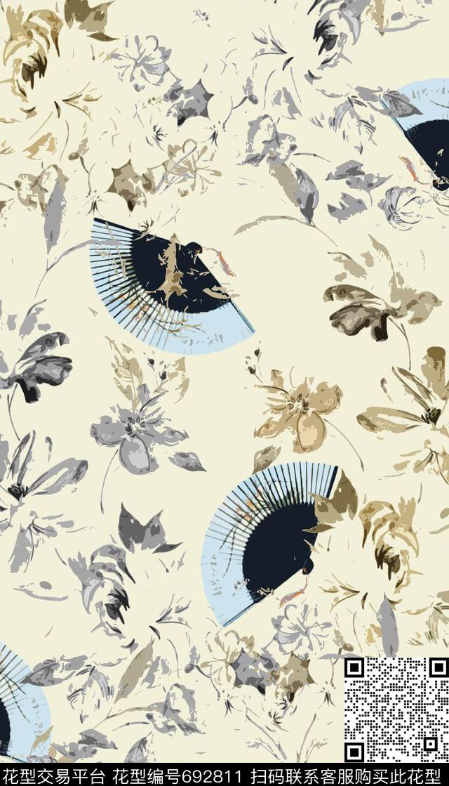 复古小清新花卉折扇数码印花华亿平台下载（图片编号: 692811） - 瓦栏（Walan）