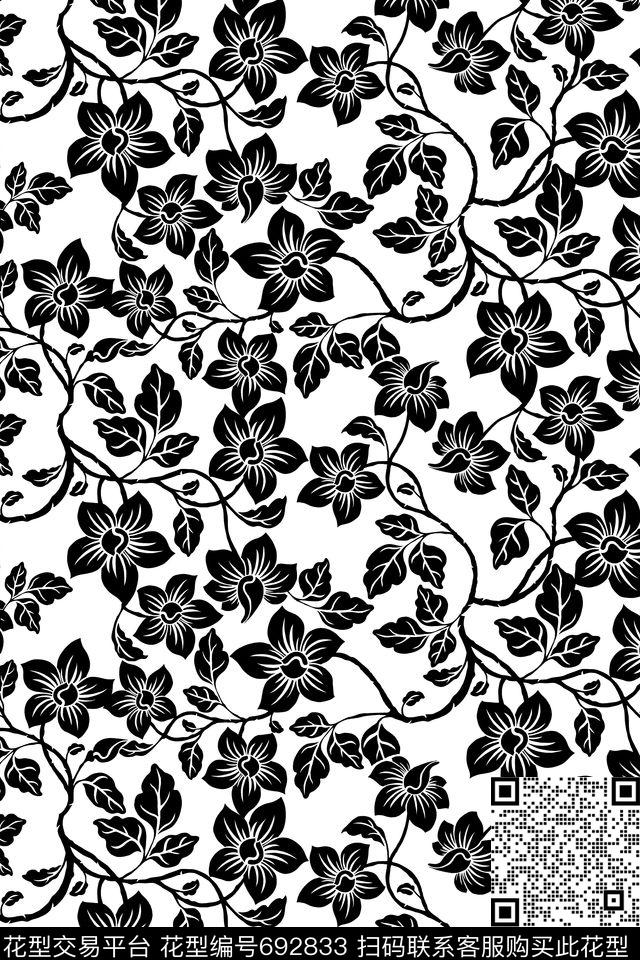艺术花卉黑白男装传统印花华亿平台下载（图片编号: 692833） - 瓦栏（Walan）