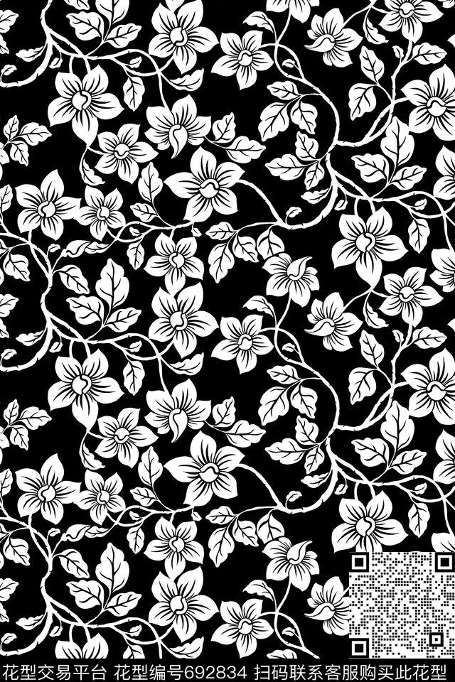 艺术花卉黑白男装传统印花华亿平台下载（图片编号: 692834） - 瓦栏（Walan）