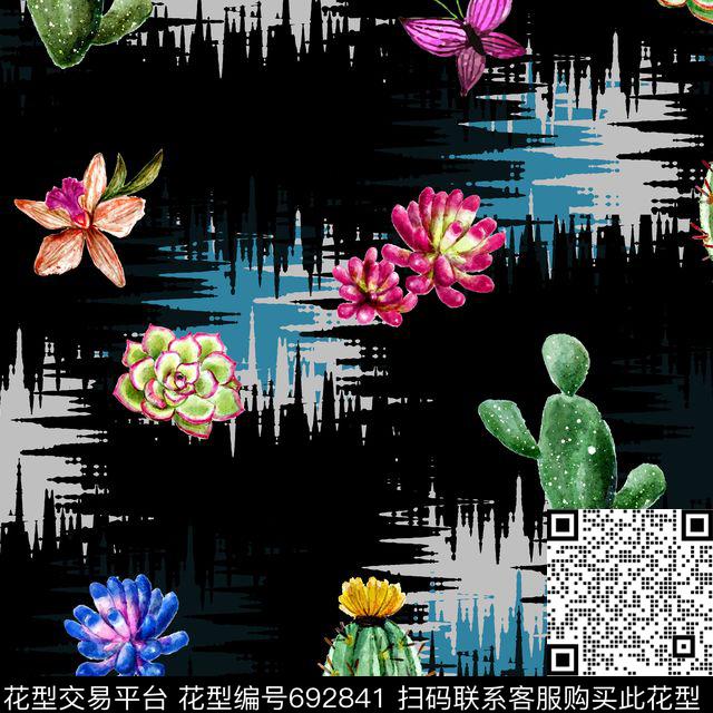 仙人掌抽象黑底数码印花华亿平台下载（图片编号: 692841） - 瓦栏（Walan）