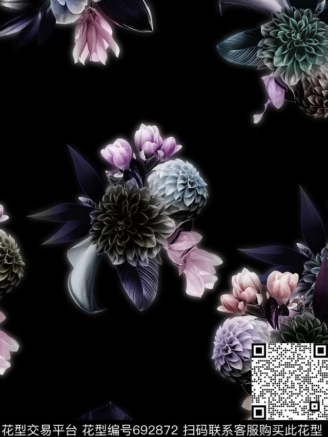大花黑底裙子数码印花华亿平台下载（图片编号: 692872） - 瓦栏（Walan）