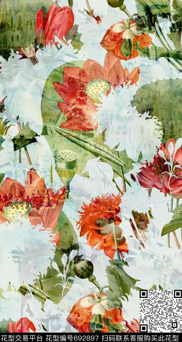 抽象花卉花卉数码印花华亿平台下载（图片编号: 692897） - 瓦栏（Walan）