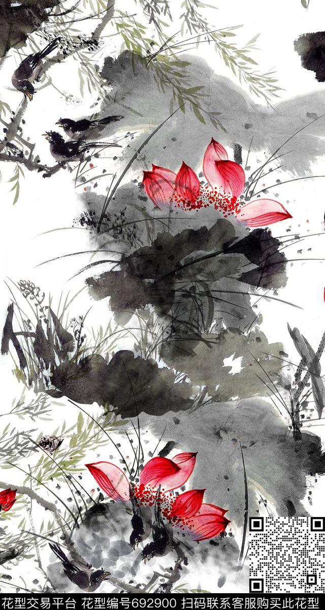 花卉中国风国画数码印花华亿平台下载（图片编号: 692900） - 瓦栏（Walan）
