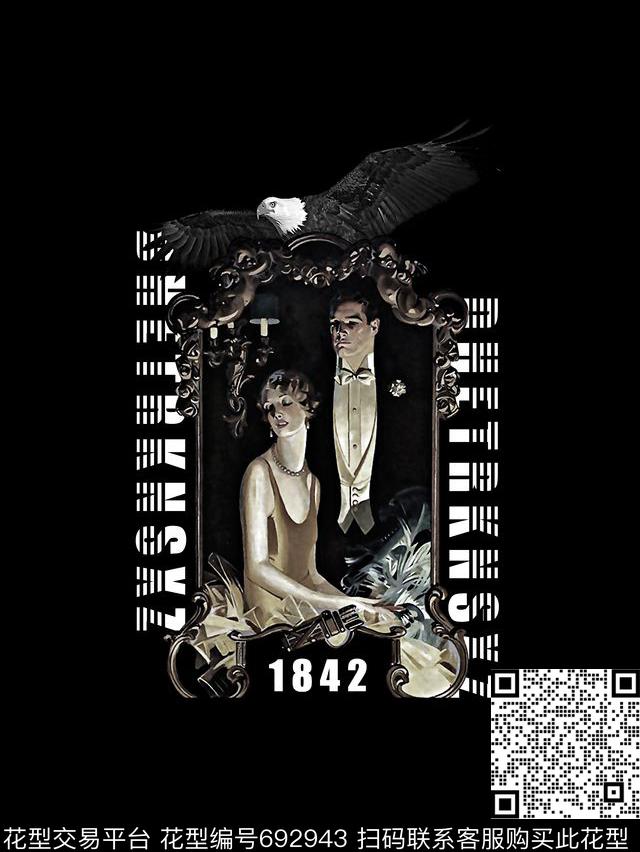 复古人物像鹰男装T恤数码印花华亿平台下载（图片编号: 692943） - 瓦栏（Walan）