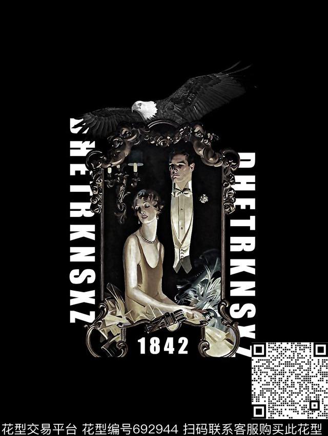 复古人物像鹰男装T恤数码印花华亿平台下载（图片编号: 692944） - 瓦栏（Walan）