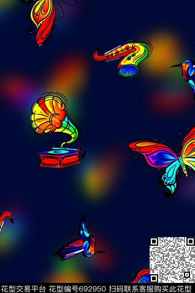 手绘彩绘蝴蝶音乐器材数码印花抽象渐变纹理印花女装裙子外套夹克欧美潮牌印花数码印花华亿平台下载（图片编号: 692950） - 瓦栏（Walan）