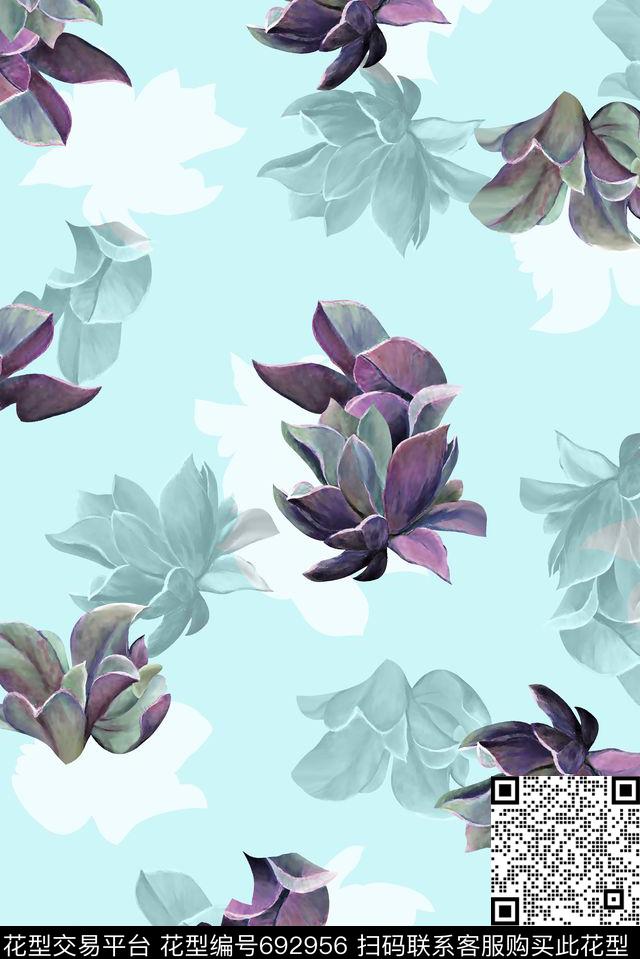 抽象手绘满版花卉最新高清数码多肉花卉清爽花卉数码印花华亿平台下载（图片编号: 692956） - 瓦栏（Walan）