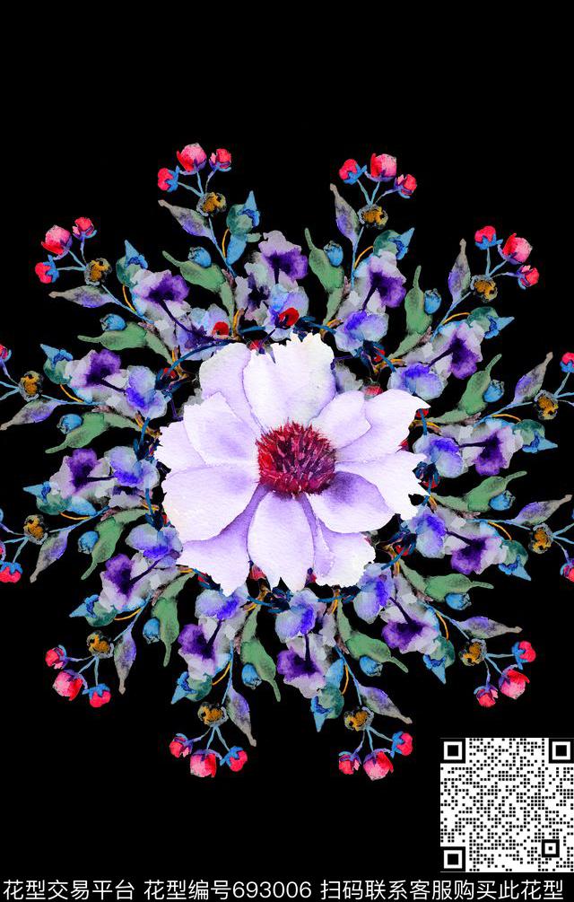 手绘圆形花卉数码印花华亿平台下载（图片编号: 693006） - 瓦栏（Walan）
