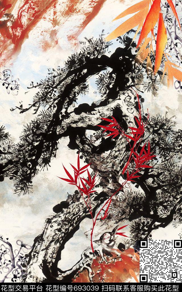 中国风松树国画数码印花华亿平台下载（图片编号: 693039） - 瓦栏（Walan）