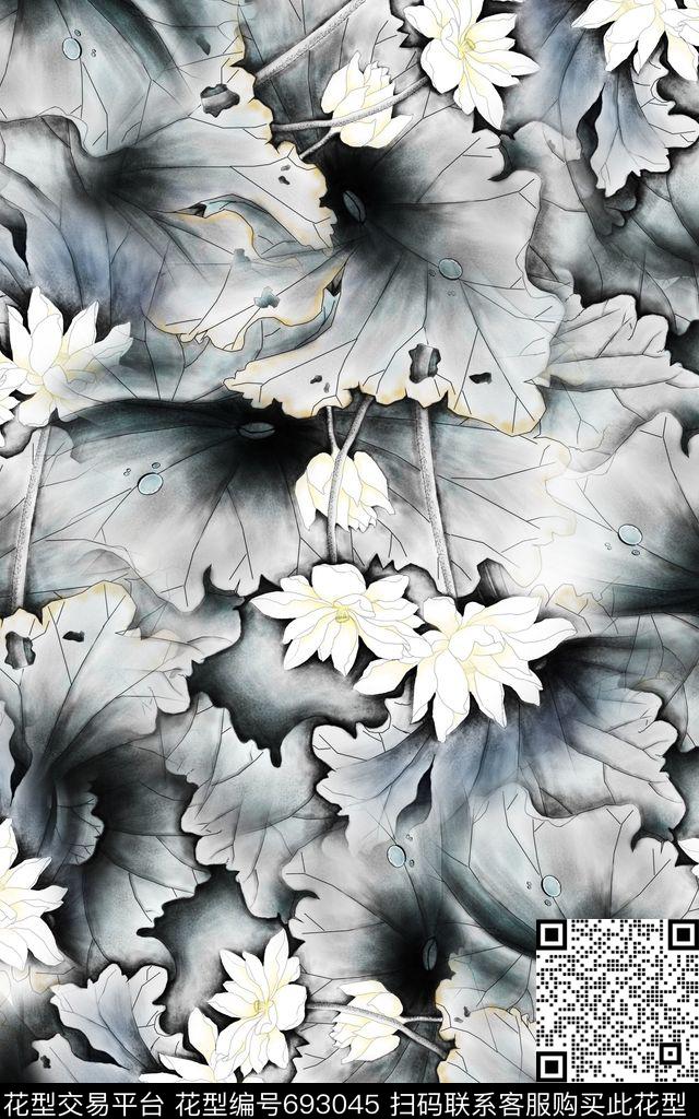 中国风荷花国画数码印花华亿平台下载（图片编号: 693045） - 瓦栏（Walan）