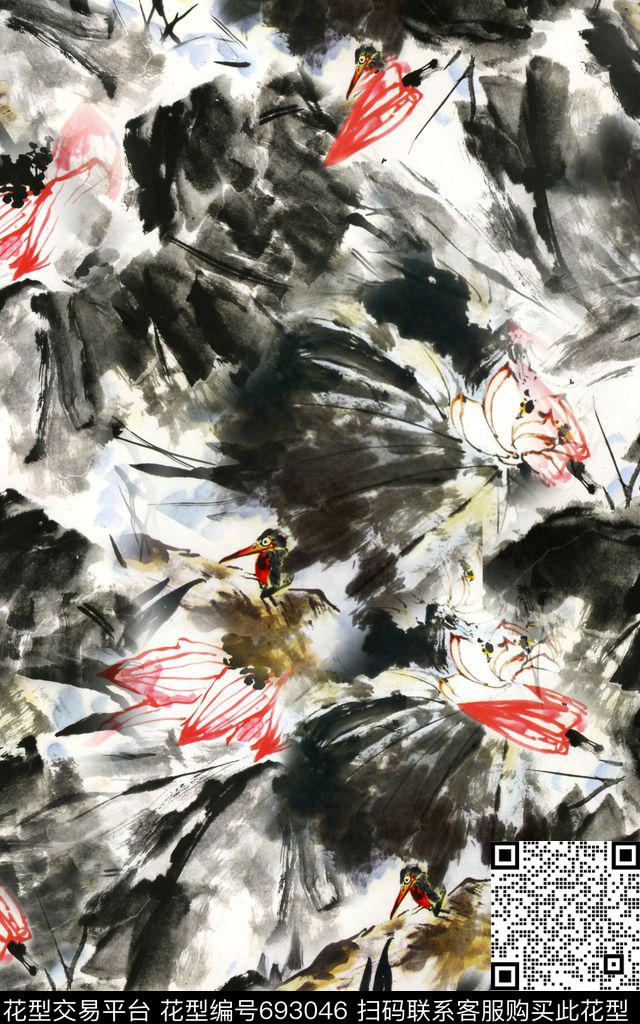 中国风荷花国画数码印花华亿平台下载（图片编号: 693046） - 瓦栏（Walan）