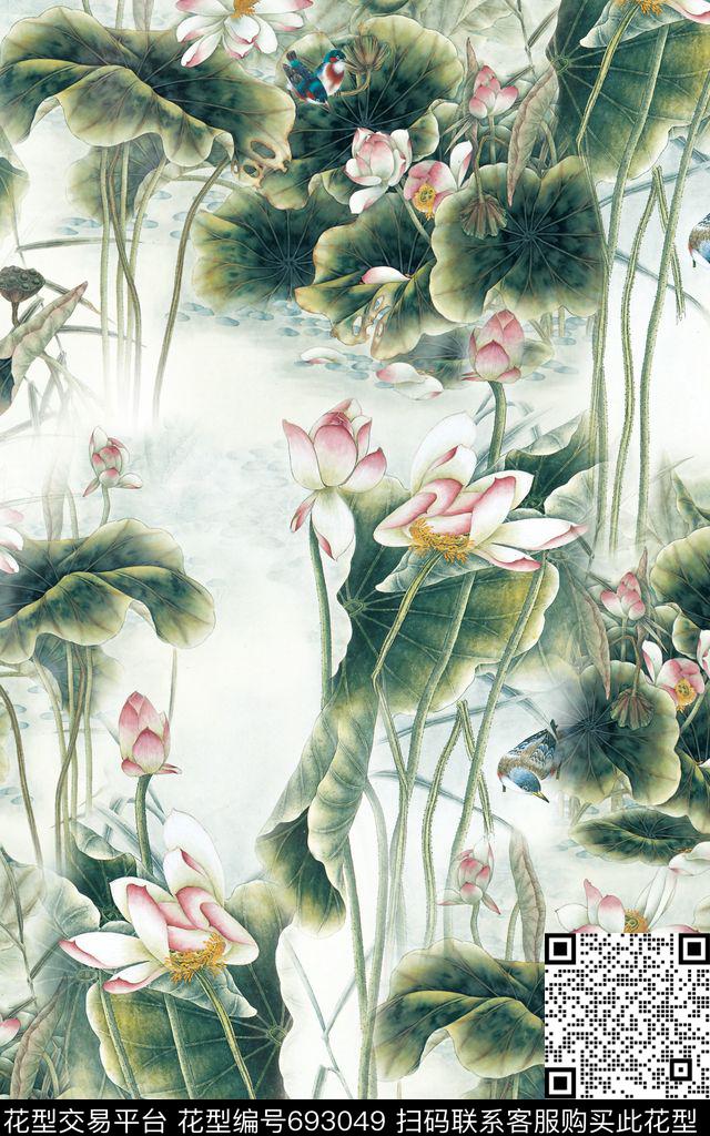 中国风荷花国画数码印花华亿平台下载（图片编号: 693049） - 瓦栏（Walan）