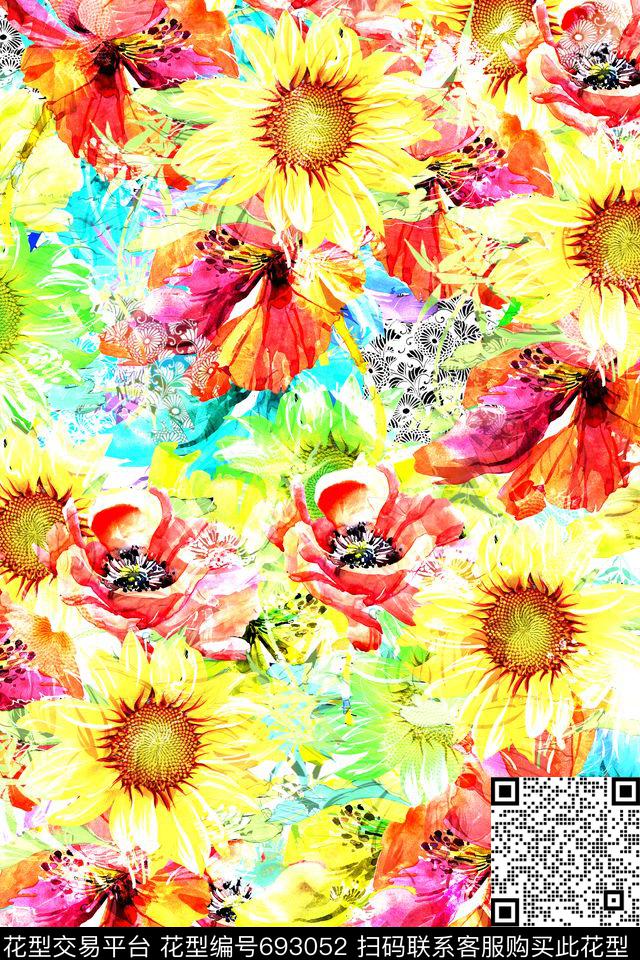 向日葵郁金香大花数码印花华亿平台下载（图片编号: 693052） - 瓦栏（Walan）