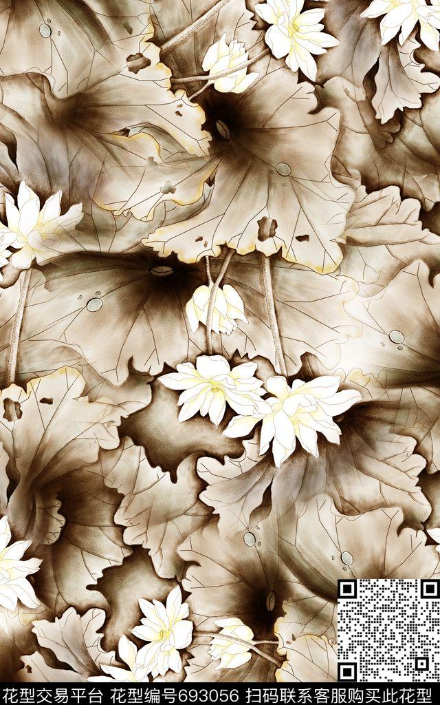 中国风荷花国画数码印花华亿平台下载（图片编号: 693056） - 瓦栏（Walan）