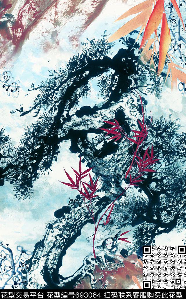 中国风松树国画数码印花华亿平台下载（图片编号: 693064） - 瓦栏（Walan）