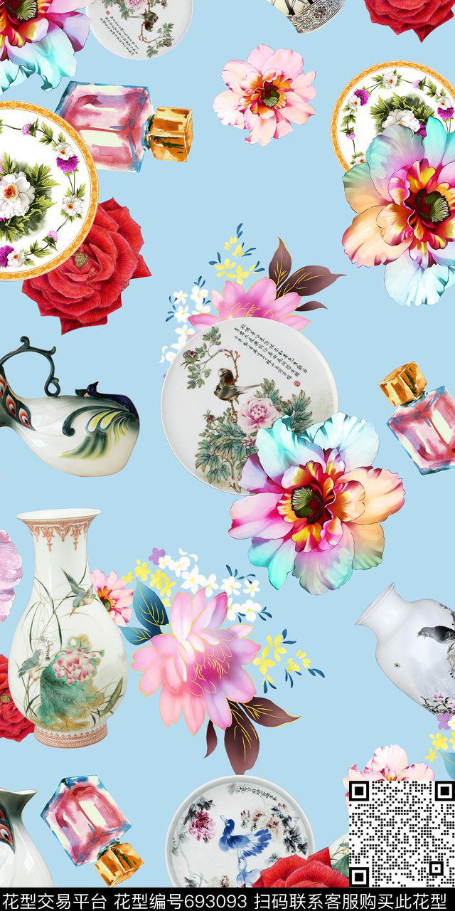 瓷器中国风牡丹数码印花华亿平台下载（图片编号: 693093） - 瓦栏（Walan）