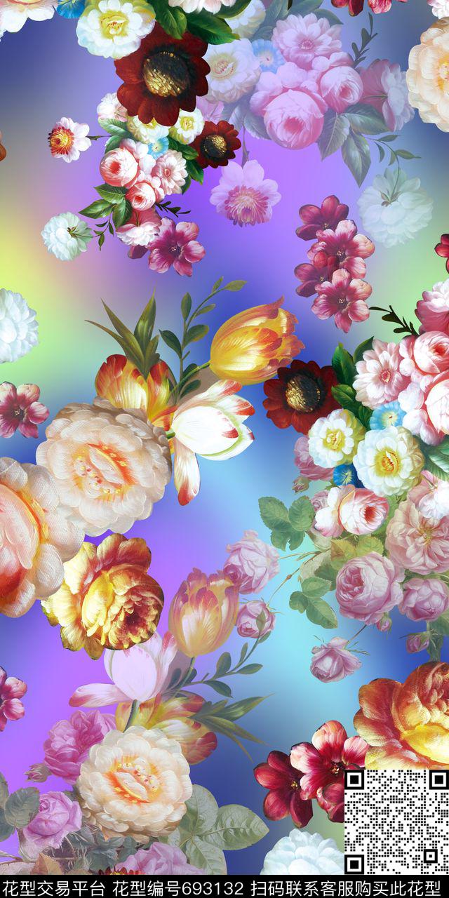油画花卉云纹多彩数码印花华亿平台下载（图片编号: 693132） - 瓦栏（Walan）