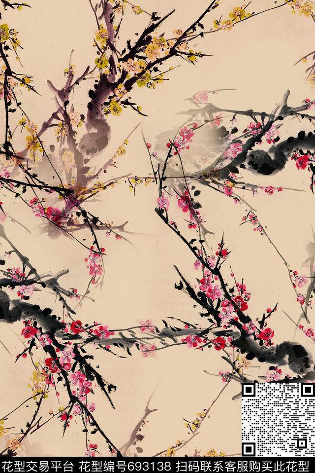 花朵花卉写意梅花数码印花华亿平台下载（图片编号: 693138） - 瓦栏（Walan）