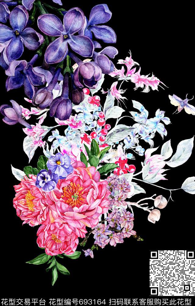定位手绘花卉数码印花华亿平台下载（图片编号: 693164） - 瓦栏（Walan）