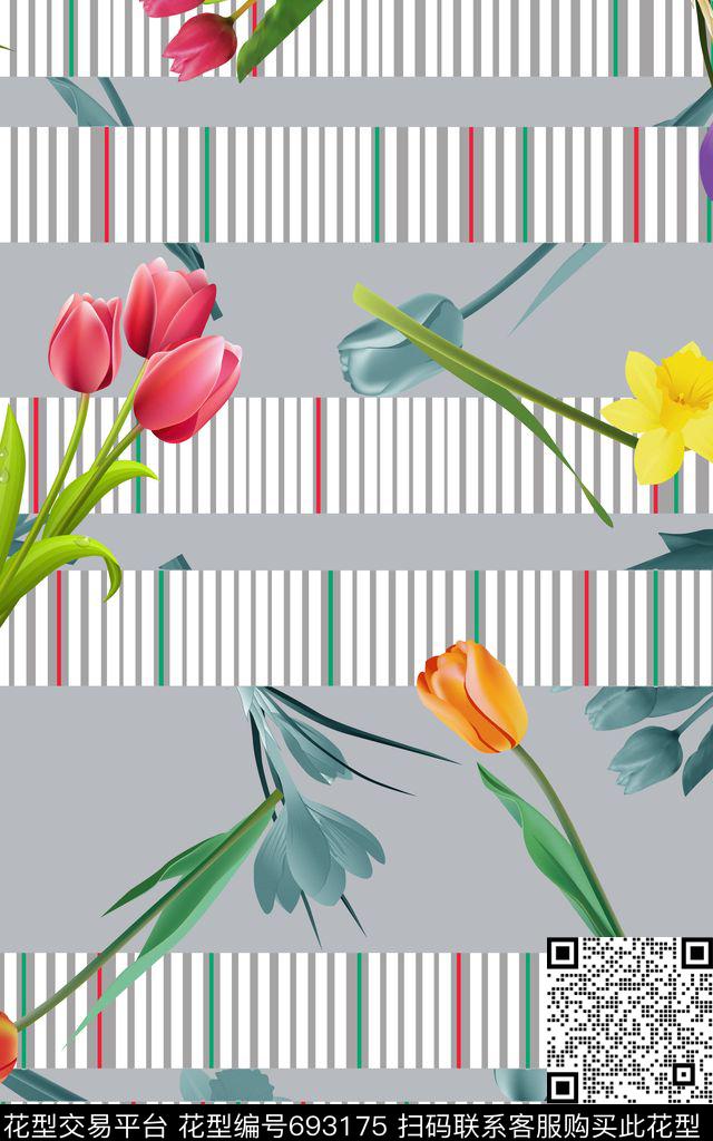 郁金香花朵条纹数码印花华亿平台下载（图片编号: 693175） - 瓦栏（Walan）