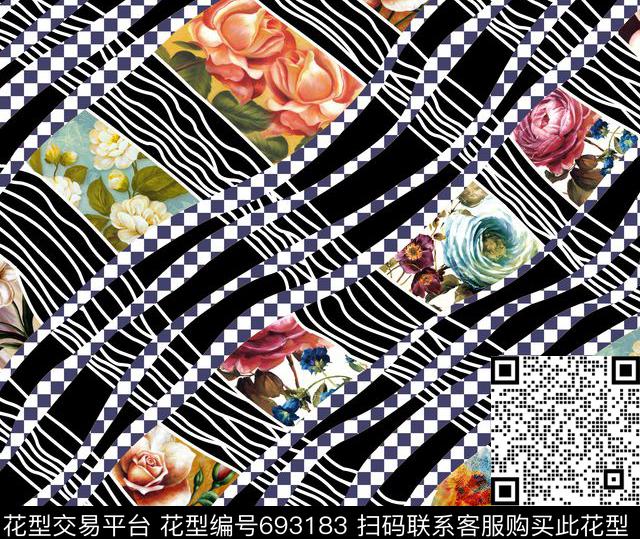格子花朵数码印花华亿平台下载（图片编号: 693183） - 瓦栏（Walan）