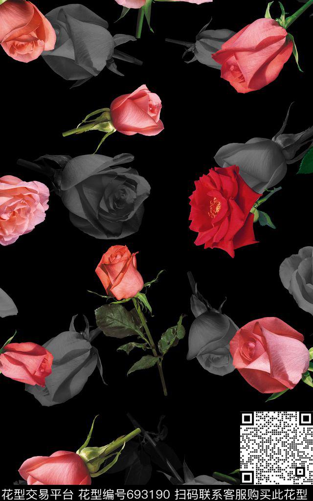 玫瑰大花花朵数码印花华亿平台下载（图片编号: 693190） - 瓦栏（Walan）