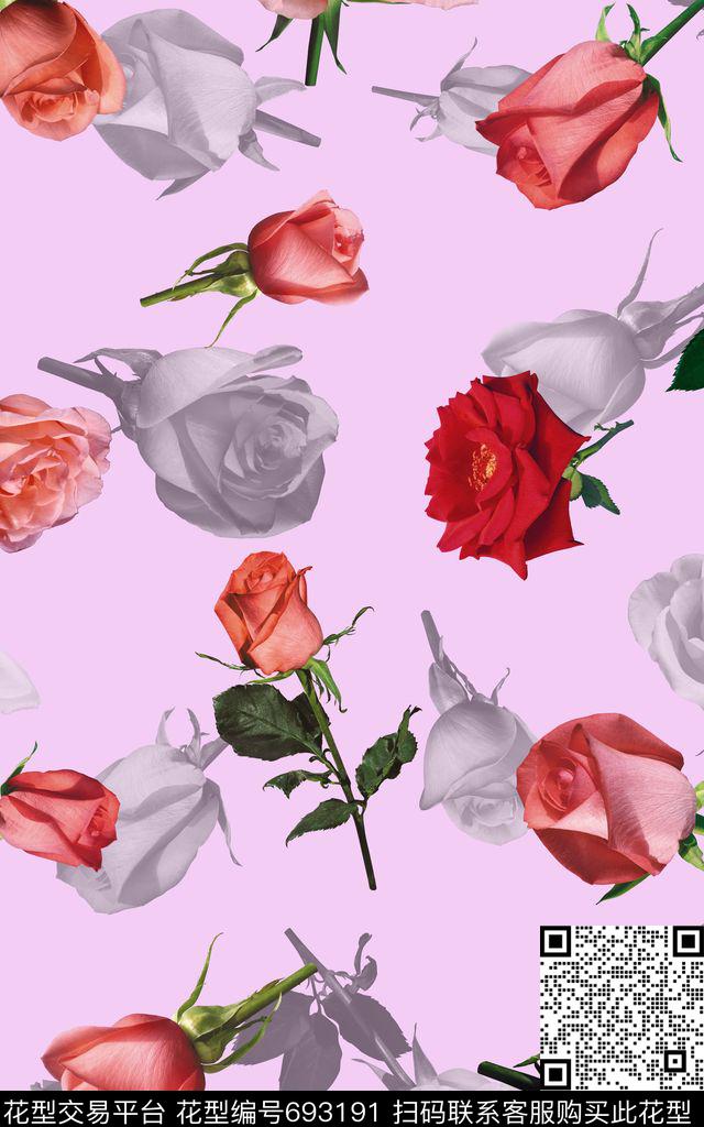 玫瑰大花花朵数码印花华亿平台下载（图片编号: 693191） - 瓦栏（Walan）