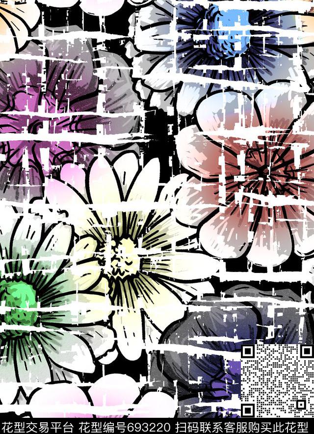 水墨破碎花黑白数码印花华亿平台下载（图片编号: 693220） - 瓦栏（Walan）