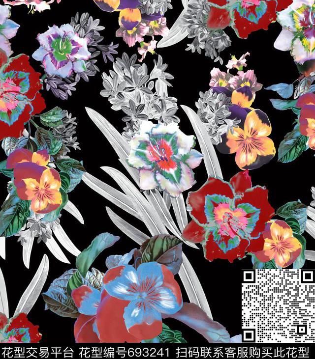 秋冬华亿平台黑色数码花大气花卉传统印花华亿平台下载（图片编号: 693241） - 瓦栏（Walan）