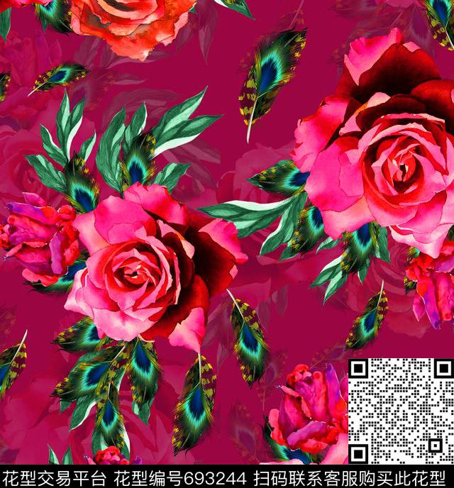 大花MAX-女装花卉手绘玫瑰数码印花华亿平台下载（图片编号: 693244） - 瓦栏（Walan）