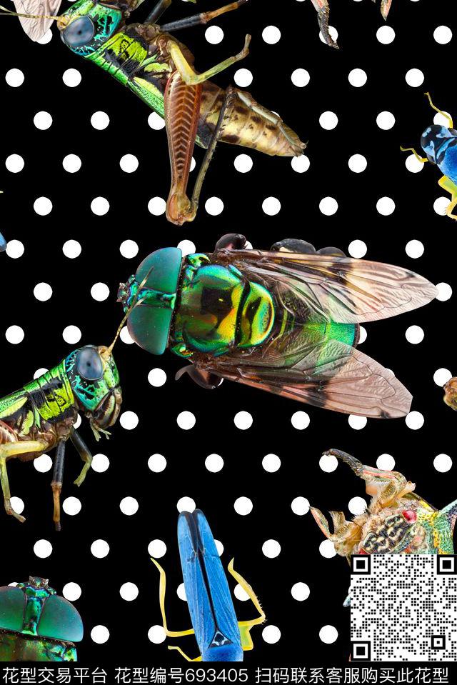 波点印花手绘3D昆虫印花女装裙子欧美大牌印花风格数码印花华亿平台下载（图片编号: 693405） - 瓦栏（Walan）