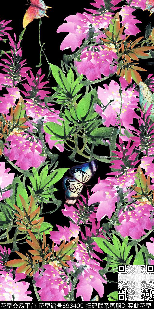 花卉蝴蝶乱花数码印花华亿平台下载（图片编号: 693409） - 瓦栏（Walan）