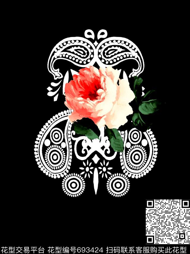 牡丹花卉腰果花数码印花华亿平台下载（图片编号: 693424） - 瓦栏（Walan）