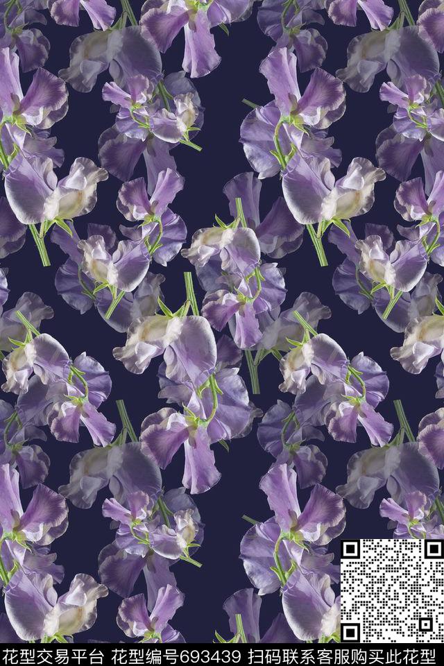 青蓝雅韵系列花卉组合花朵数码印花华亿平台下载（图片编号: 693439） - 瓦栏（Walan）
