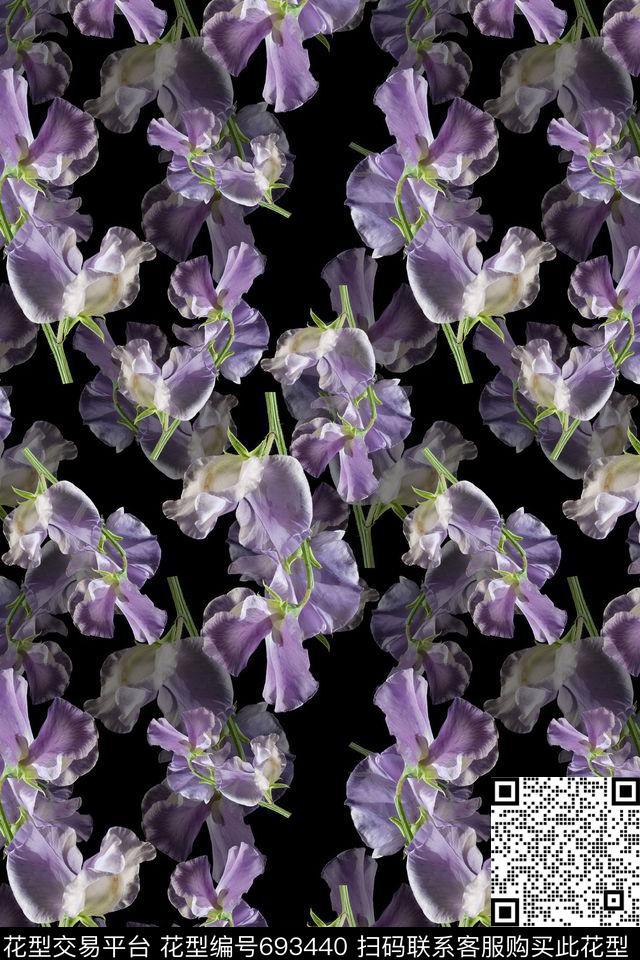 青蓝雅韵系列花卉组合花朵数码印花华亿平台下载（图片编号: 693440） - 瓦栏（Walan）