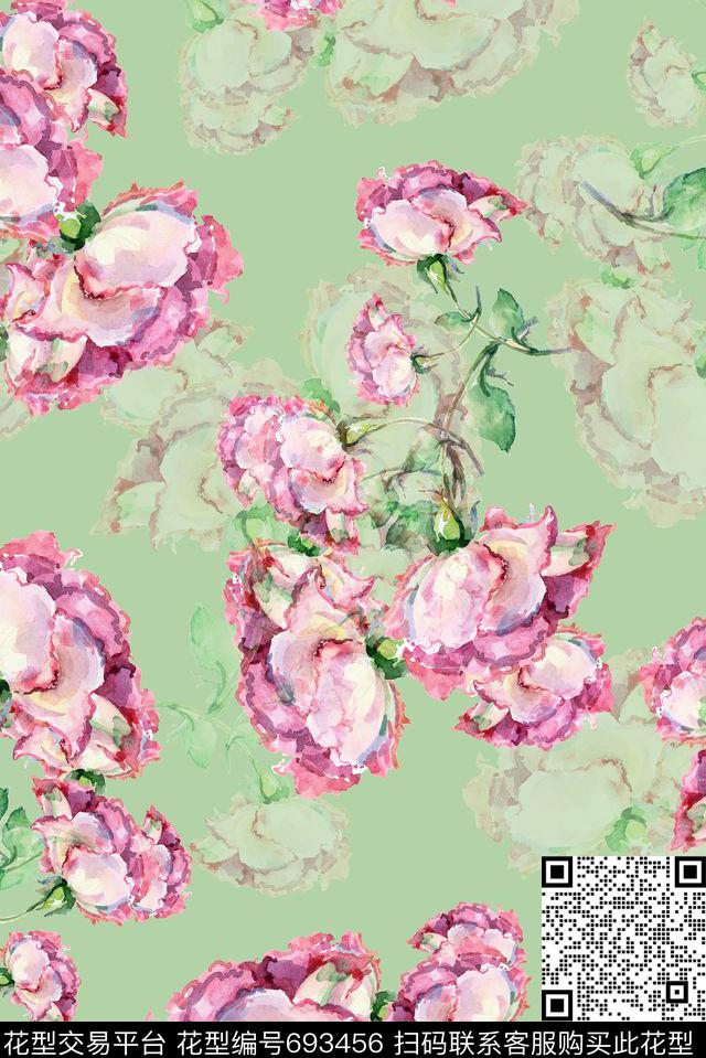 手绘大朵花卉数码印花华亿平台下载（图片编号: 693456） - 瓦栏（Walan）