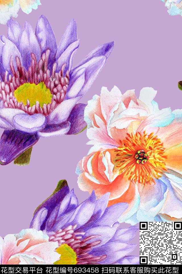 手绘精细大朵数码印花华亿平台下载（图片编号: 693458） - 瓦栏（Walan）