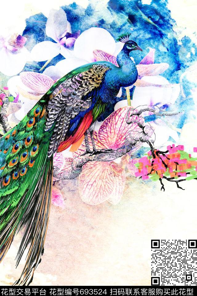 孔雀水彩花朵数码印花华亿平台下载（图片编号: 693524） - 瓦栏（Walan）