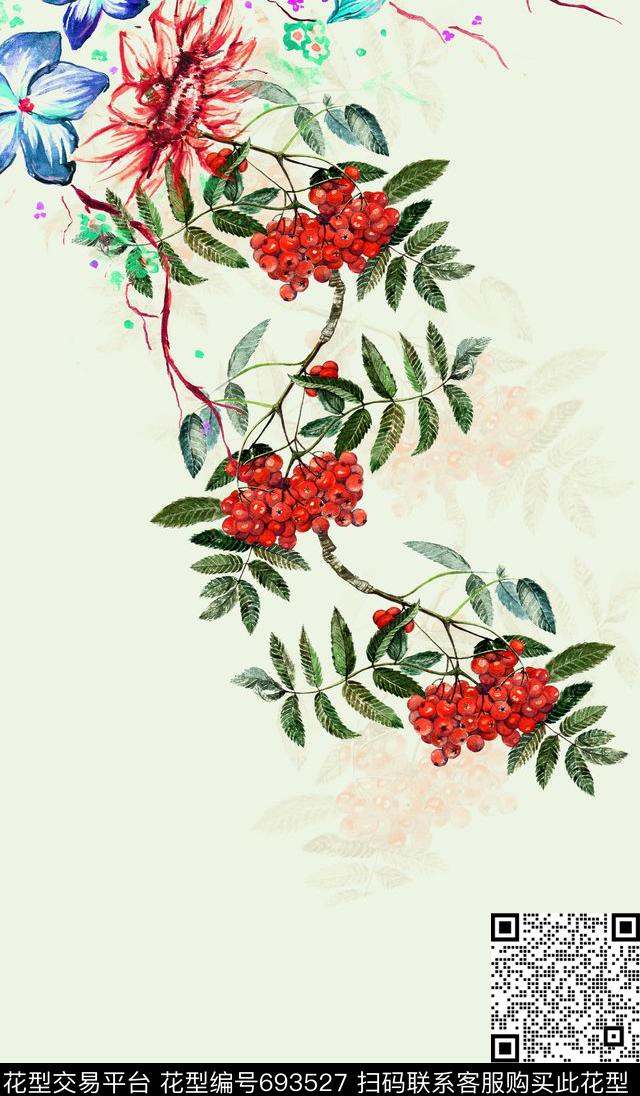 优雅枝条水彩数码印花华亿平台下载（图片编号: 693527） - 瓦栏（Walan）