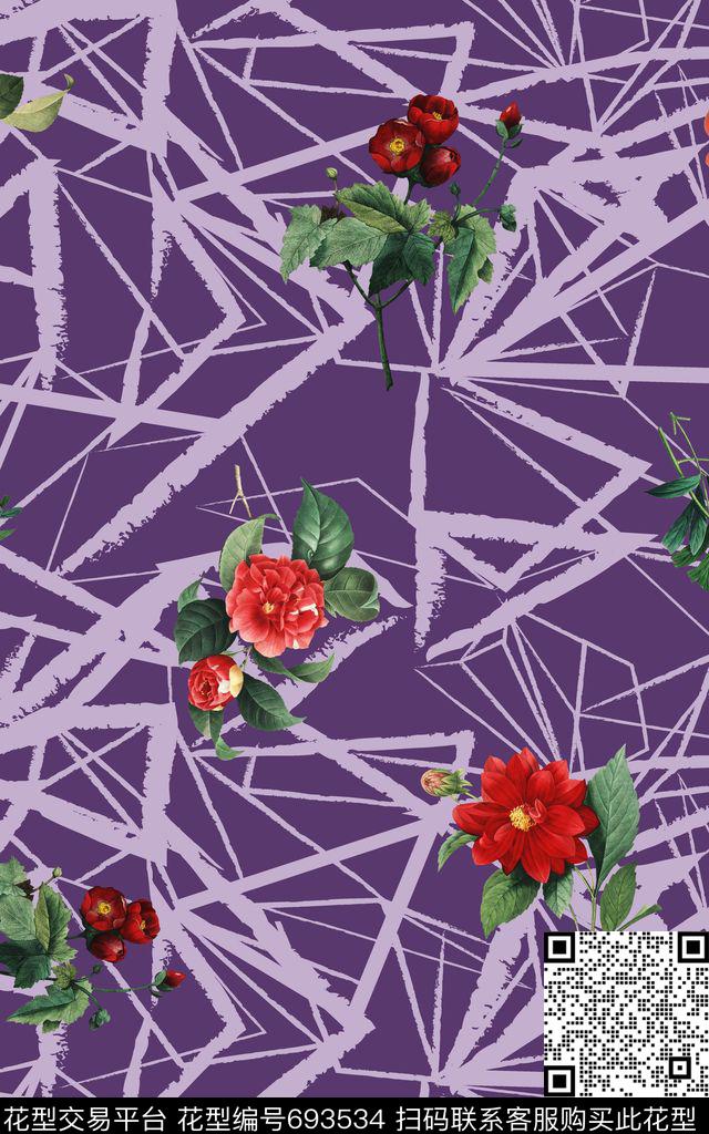 玫瑰花朵几何三角数码印花华亿平台下载（图片编号: 693534） - 瓦栏（Walan）