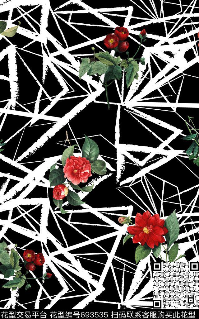玫瑰花朵几何三角数码印花华亿平台下载（图片编号: 693535） - 瓦栏（Walan）