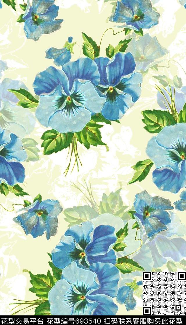 清新花卉蓝色女装数码印花华亿平台下载（图片编号: 693540） - 瓦栏（Walan）