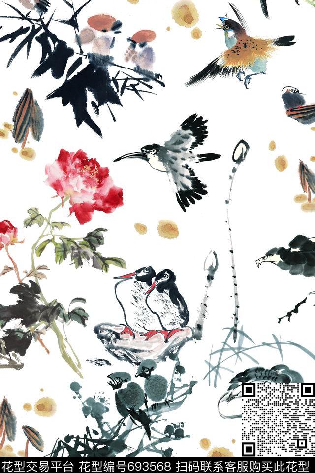 牡丹水墨花鸟数码印花华亿平台下载（图片编号: 693568） - 瓦栏（Walan）