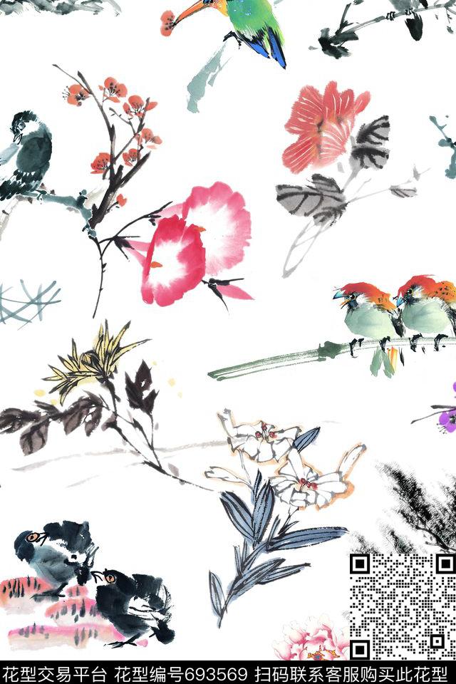 水墨乱花花鸟数码印花华亿平台下载（图片编号: 693569） - 瓦栏（Walan）