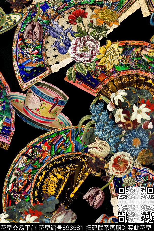 花卉扇子风景数码印花华亿平台下载（图片编号: 693581） - 瓦栏（Walan）