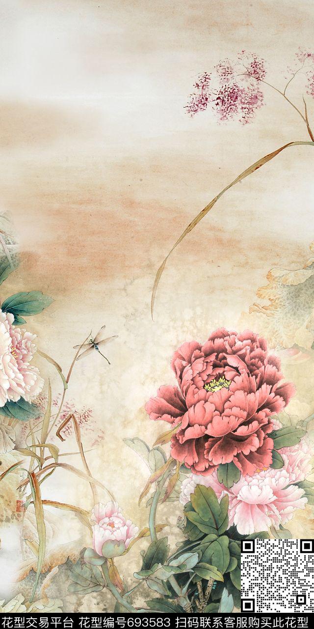 中国风花卉国画数码印花华亿平台下载（图片编号: 693583） - 瓦栏（Walan）