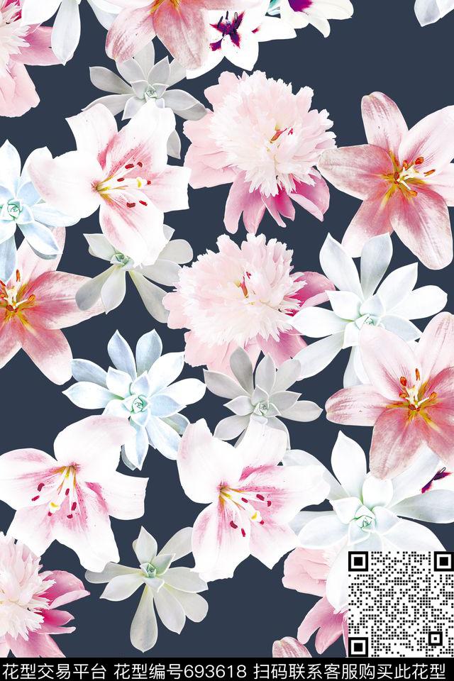 大花牡丹玫瑰数码印花华亿平台下载（图片编号: 693618） - 瓦栏（Walan）