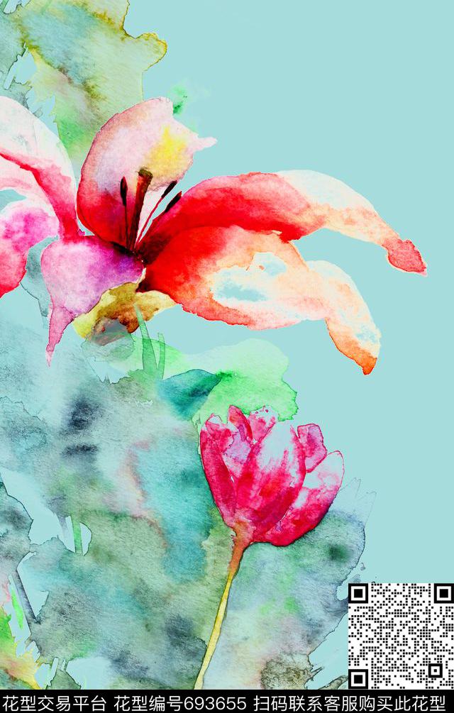 手绘花卉水彩数码印花华亿平台下载（图片编号: 693655） - 瓦栏（Walan）